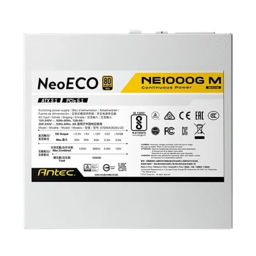Antec NE1000G M White 1000W ATX 3.1 & PCIE 5.1 80+ Gold Full Modular Power Supply