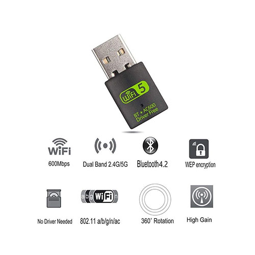 600Mbps Dual Band WiFi + Bluetooth Adapter For PC/Laptop- (CD Free Version, WiFi Hotspot Supported, 2.4GHz + 5GHz)