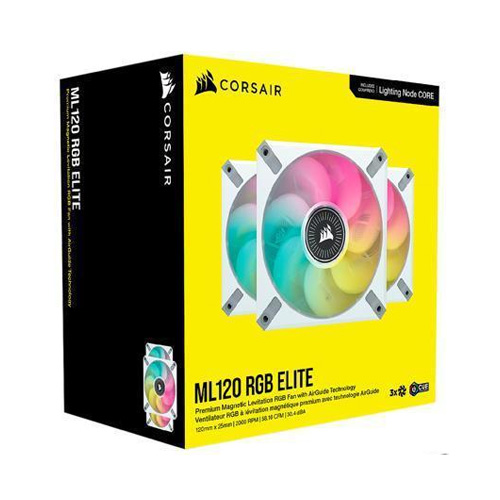 Corsair iCUE ML120 RGB ELITE Premium 120mm PWM Magnetic Levitation Triple Fan Kit with iCUE Lighting Node CORE (White)